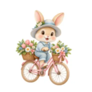 Pasqua simpatico coniglio cartone animato su bici rosa con cesti di fiori adesivo finestra