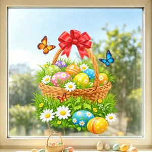 Pegatina Estática para Ventana Cesta Huevos Pascua PVC Calcomanía Floral Mariposa Decoración de Vidrio para Tienda y Hogar