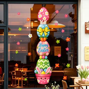Pegatinas de Ventana de Pascua Conejo Huevo Maceta Rosa Calcomanías Estáticas para Vidrio Dibujos Animados Floral Hogar