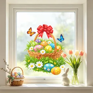Adhesivo para ventana de Pascua adhesivo de vidrio estático con cesta huevos flores