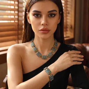 Vintage Turkoois Geometrische Vierkante Plaat Halsketting Armband Set Zinklegering Ingelegd Sieraden Goud Verguld Boho Choker Voor Vrouwen