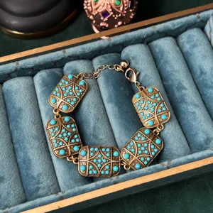 Vintage turkoois armband voor vrouwen, retro geometrische vierkante schakelketting, sieraden.