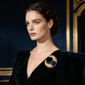 Gedetailleerde close-up van de vintage gehamerde gouden maan broche met blauwe hars.