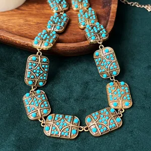 Vintage retro turkoois statement ketting, geometrische gouden metalen schakelketting.