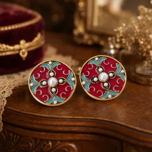 Vintage Hofstijl Emaille Ronde Oorknopjes Rood Etnisch Kunstparel Ingelegd Zinklegering 925 Sterling Zilver Sieraden
