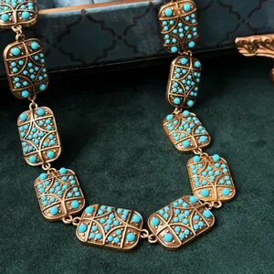 Vintage goudkleurige geometrische rechthoekige turquoise steen schakelketting dames