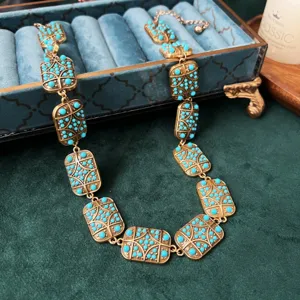 Retro geometrische turkoois halsketting, prachtig gouden metalen vierkante schakelketting.