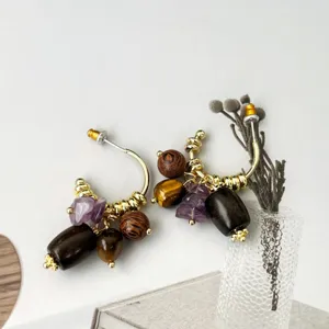 Retro natuurlijke houten kralen tijgeroog amethist oorbellen elegante statement sieraden vrouw