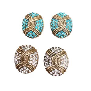 Vintage ovale strass oorknopjes voor dames, antieke bronsfinish met blauwe en heldere kristallen.