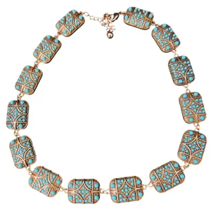 Vintage turkoois ketting voor dames, retro geometrische vierkante metalen choker sieraden.