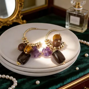 Vintage tijgeroog amethist oorbellen nissenontwerp natuurlijke houten kralen sieraden