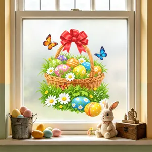 Adhesivo de ventana de Pascua vidrio estatico huevos de colores cesta decoracion primaveral