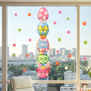Pegatina de ventana de pascua lindo conejo huevo maceta rosa decorativa para cristal
