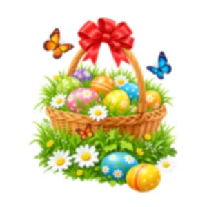 Adhesivo de ventana cesta de pascua con huevos coloridos flores y lazo rojo para decoracion.