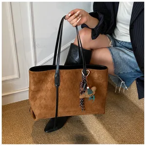 Retro brown suede tote bag for women, large capacity shoulder bag with elegant design.