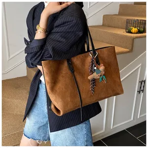 Retro large capacity tote bag brown suede shoulder bag casual commuter handbag with cute charm