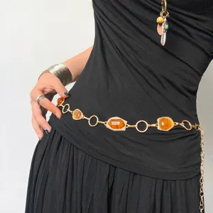 Retro metalen tailleketting met amberkleurige stenen, chic geometrisch ontwerp voor dames.