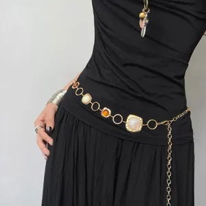 Dames Vintage Metalen Tailleketting Onregelmatige Gekleurde Stenen Patchwork Verstelbare Schakelriem Voor Jurken Boho Stijl Sieraden