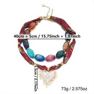 Collar de cinta de tela multicapa colorido con cuentas y colgante de corazón, joyería.