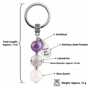 Porte-clés en cristal naturel avec améthyste labradorite quartz rose et pendentif en acier
