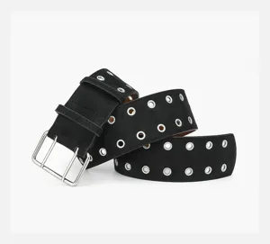 Black suede double grommet belt punk style metal double prong buckle waist strap for women.