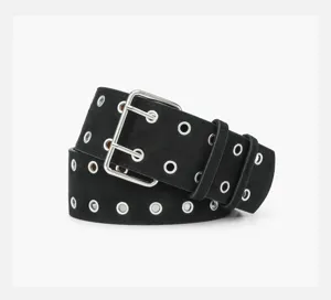 Close-up detail of the punk style black double-eyelet leather belt with silver buckle.