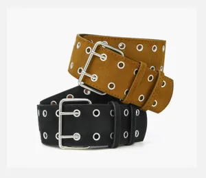 Women punk style wide grommet belt with double prong buckle and eyelets for coat outfit