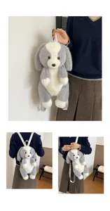 Mignon sac à dos chien peluche, gris blanc colorblock cartable enfant utilisation quotidienne.
