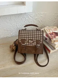 Sac à dos mini en daim contrasté à carreaux vintage élégant sac à main décontracté