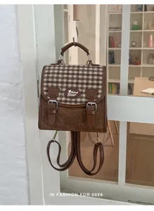 Sac à dos à carreaux vintage pour femme rétro marron cartable sac de jour décontracté mignon