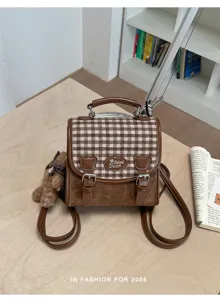 Sac à dos vintage à carreaux pour femme rétro patchwork cuir cartable décontracté chic
