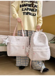 Cute star print canvas backpack and tote bag set, large capacity school bag for students.