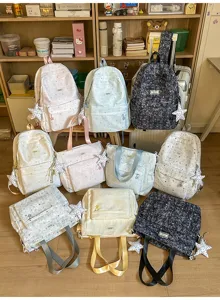 Cute star print canvas backpack and tote bag set, large capacity school bag for students.
