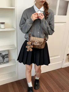 Damen Vintage Karomuster Colorblock PU Leder Kleine Quadratische Umhängetasche Mit Teddybär Schlüsselanhänger Für Arbeit Reise