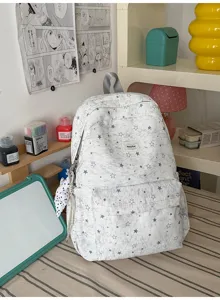 Cute star print canvas school backpack, large capacity casual daypack for teens and students.