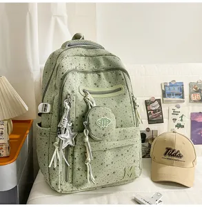 Zaino verde con stampa di stelle vista di dettaglio, grande borsa scolastica casual estetica.