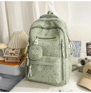 Zaino casual verde chiaro con stampa di stelle, multi-scomparto e graziosa toppa con lettera.