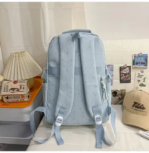 Zaino da scuola blu chiaro con motivo a stelle, grande borsa da viaggio per studenti.