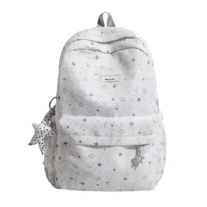 Casual canvas star print school backpack, large capacity cute student daypack detail view.