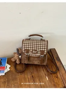 Sac à dos vintage à carreaux pour femme, style coréen couleur contrastée cartable, sac de loisirs