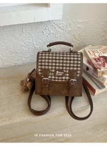 Sac à dos mini à carreaux vintage chic pour femme, sac d'automne mignon en cuir PU.