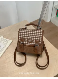 Sac à dos mini patchwork carreaux marron femme travail élégant sac bandoulière chic daypack
