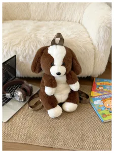 Joli sac à dos en peluche chiot marron et blanc pour enfants, sac d'école animal doux.