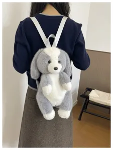 Sac à dos chien en peluche gris et blanc mignon pour enfants femmes, cartable animal dessin animé.