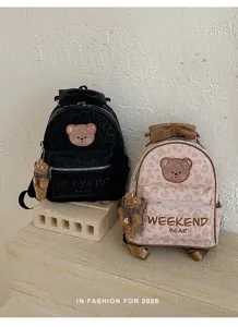Chic leopard print women backpack with cute bear patch soft pu suede casual school bookbag
