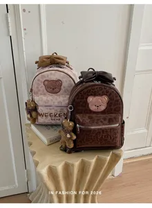 Suede cute leopard print mini backpack with bow and bear pendant for women commuting.