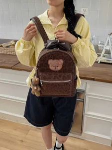 Cute leopard print women backpack with bear patch and bow, casual PU leather school bag.