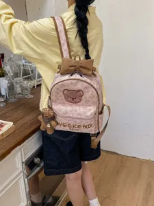 Cute brown bear leopard print PU suede women backpack for daily casual travel and school
