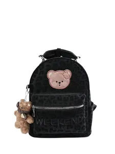 Cute leopard print PU velvet backpack for women with bear patch and plush pendant.