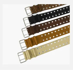 Retro punk style wide belt with double prong buckle and metal eyelets, multi-color options.